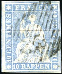 Stamp of Switzerland / Schweiz » Sitzende Helvetia Ungezähnt » III. Periode, dünnes Seidenpapier 10Rp grünlichblau, drei gut gerandete Marken