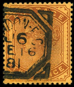 Stamp of Great Britain » 1855-1900 Surface Printed » 1880-81 Provisional Issue and 1881 1d Lilac 1880-81 2d Colour and cancellation trial, printed in brown on thick orange paper, perf.14, with an experimental London E.C. squared circle