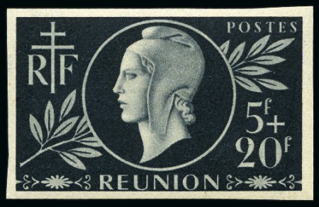 Stamp of Colonies françaises » Réunion 1944 Entraide française 5F +20F noir, non dentelé,