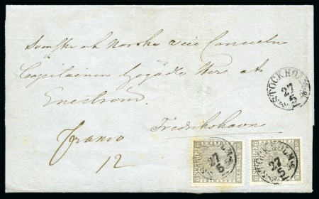 Stamp of Sweden » 1855 Skilling Banco 6sk Grey, two examples tied by STOCKHOLM 27/5 1856