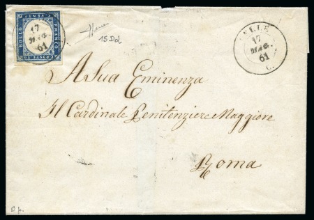 Stamp of Italian States » Sardinia 1855-62 20c Cobalt grey tied by CELLE 17 MAG 61 cds