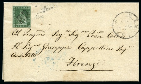 Stamp of Italian States » Tuscany 1851 4cr Green on grey, large margins all around, cancelled