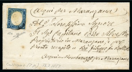 Stamp of Italian States » Sardinia 1855-62 20c Cobalt-green tied by CALLIANO 13 LUG 1857