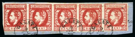 Stamp of Romania » King Carol 1871 - "With Beard" Imperforate 15B Red, horizontal strip of five tied to small piece