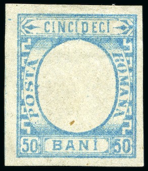Stamp of Romania » King Carol 1871 - "With Beard" Imperforate 50B Light blue proof of the frame only, no gum, scarce