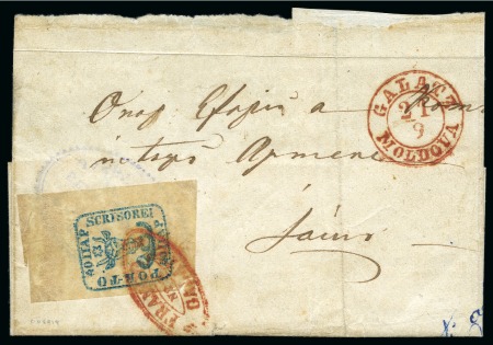 Stamp of Romania » 1858 (1st Nov.) - 1861 Moldavia - Handstruck at Jassy - Imperforate 40Par Blue tied by oval FRANCO/ GALATZ pmk in red on