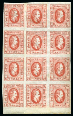 Stamp of Romania » United Principalities 1864-1865 Prince Cuza 20Par Red, vertical mint block of twelve, crease between