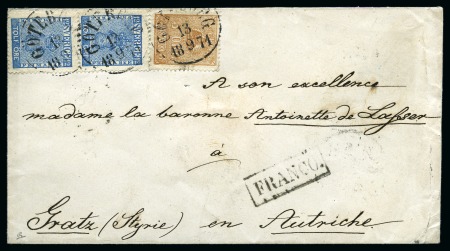 Stamp of Sweden » 1858-72 Coat of Arms Issue 1871 Envelope to Austria with 1858-72 12ö blue (2) and Lion-type 3ö brown, type II, tied by GÖTEBORG 13/9 1871 cds