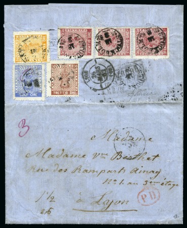 Stamp of Sweden » 1858-72 Coat of Arms Issue 1858 Entire to France with 1858-72 50ö red (3), 30ö brown, 24ö orange and 12ö blue tied on reverse by STOCKHOLM 18/3 1862 cds