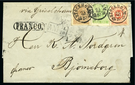 Stamp of Sweden » 1858-72 Coat of Arms Issue 1872 Wrapper to Finland with 1858-72 5ö green together with Lion-type 3ö brown and 20ö red tied by STOCKHOLM 23/10 1872 cds