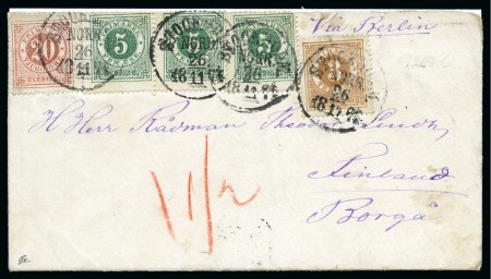 Stamp of Sweden » 1872-78 Ring Types 1874 Envelope to Finland with 1872-78 20ö red, 5ö green (3) and 3ö brown, all perf.14, tied by STOCKHOLM 26/11 1874 cds
