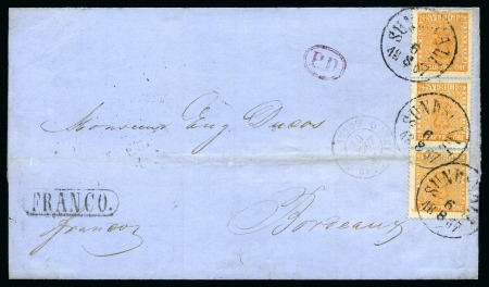 Stamp of Sweden » 1858-72 Coat of Arms Issue 1867 Wrapper to France with 1858-72 24ö orange, vertical strip of three tied by SINDSWALL 6/8 1857 cds