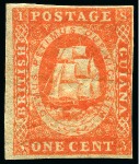 Stamp of British Guiana 1853-59 1c vermilion mint with right hand margin shaved