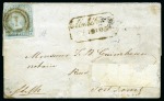 Stamp of Mauritius » 1848-59 Post Paid Issue » Latest Impressions (SG 23-25) 1848 Post Paid 2d grey-blue position 11 with '1' target cancel on folded cover to Port Louis with framed MAHEBOURG
