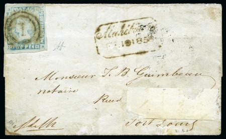 Stamp of Mauritius » 1848-59 Post Paid Issue » Latest Impressions (SG 23-25) 1848 Post Paid 2d grey-blue position 11 with '1' target cancel on folded cover to Port Louis with framed MAHEBOURG