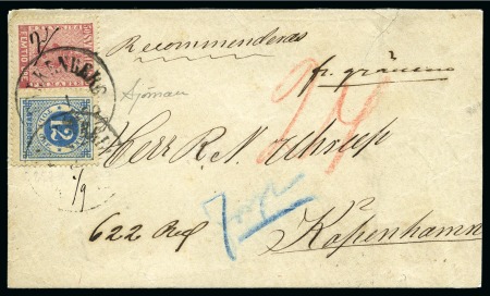 Stamp of Sweden » 1858-72 Coat of Arms Issue 1872 Front to Denmark with 1858-72 50ö red and Ringtype 12ö blue tied by FALKENBERG 1/9 1872 cds