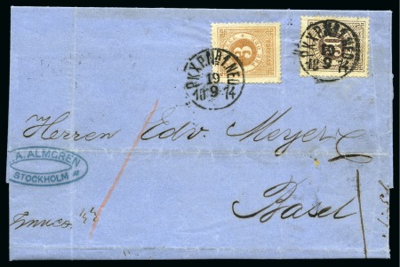 Stamp of Sweden » 1872-78 Ring Types 1874 Wrapper to Switzerland with 1872-78 30ö brown and 3ö light brown tied by PXP N:r1 NED 19/9 1874 cds