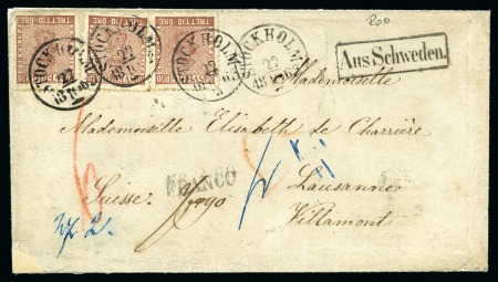 Stamp of Sweden » 1858-72 Coat of Arms Issue 1863 Envelope to Switzerland with 1858-72 30ö brown (3) tied by STOCKHOLM 22/10 1863 cds