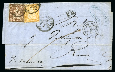 Stamp of Switzerland / Schweiz » Sitzende Helvetia Gezaehnt » Frankaturen 60C kupferbronze und 20C orange entwertet GENEVE 29