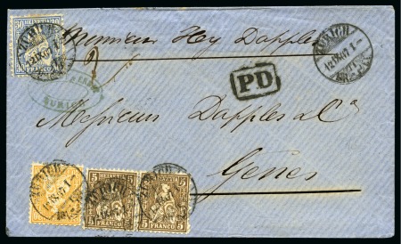 Stamp of Switzerland / Schweiz » Sitzende Helvetia Gezaehnt » Frankaturen 30C REINBLAU zusammen mit 20C orange und 5C braun(2)