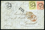 Stamp of Switzerland / Schweiz » Sitzende Helvetia Ungezähnt » 1856-57 Berner Druck (II) 40Rp grün  und 15Rp rosa entwertet WINTERTHUR 14 JUNI