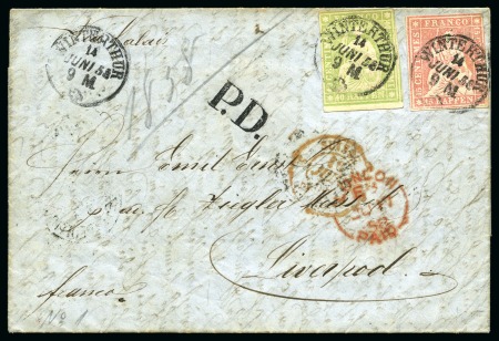 Stamp of Switzerland / Schweiz » Sitzende Helvetia Ungezähnt » 1856-57 Berner Druck (II) 40Rp grün  und 15Rp rosa entwertet WINTERTHUR 14 JUNI