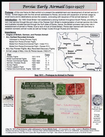 Stamp of Persia » Collections, Lots etc. 1911-1927, Early Airmail Exhibit collection: A wonderful award winning one frame exhibition collection neatly written up and beautifully presented on 16 pages