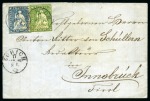 Stamp of Switzerland / Schweiz » Sitzende Helvetia Ungezähnt » 1857-62 Berner Druck, Dickes Papier 40Rp grün  10Rp blau entwertet ZÜRICH 17 JUIL 62