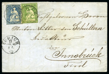 Stamp of Switzerland / Schweiz » Sitzende Helvetia Ungezähnt » 1857-62 Berner Druck, Dickes Papier 40Rp grün  10Rp blau entwertet ZÜRICH 17 JUIL 62