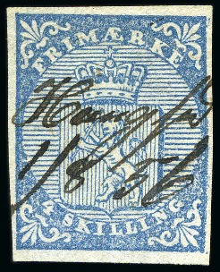 Stamp of Norway 1855 4sk Blue, clear to good margins, with manuscript cancel "HOUGSUND 1/8 56"