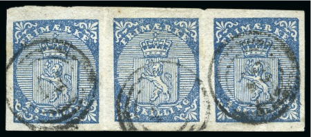 Stamp of Norway 1855 4sk Blue in vertical strip of three, large margins, cancelled by three numeral target cancels