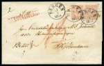 Stamp of Norway 1863 8sk Pale Rose pair, tied by BERGEN 13/4 1867 cds on registered folded cover to Copenhagen