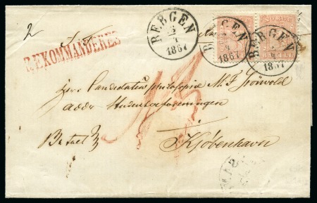 Stamp of Norway 1863 8sk Pale Rose pair, tied by BERGEN 13/4 1867 cds on registered folded cover to Copenhagen