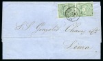 Stamp of Ecuador 1865 1r Green vert. pair (pos. 48/57), 2nd printing, tied by Guayaquil 12 JUN 66 cds folded letter to Lima
