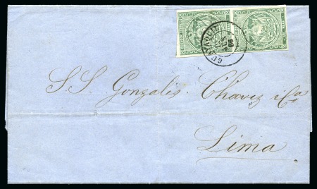 Stamp of Ecuador 1865 1r Green vert. pair (pos. 48/57), 2nd printing, tied by Guayaquil 12 JUN 66 cds folded letter to Lima