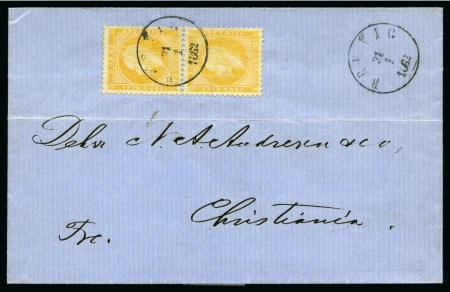 Stamp of Norway 1856-57 2sk Yellow, vertical pair tied by BREVIG 21/7 1862 cds on folded cover to Christiania