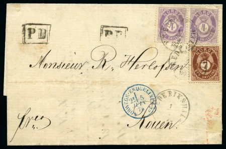 Stamp of Norway 1871-75 Posthorn issue 4sk violet pair and 7sk brown single tied by FREDERIKSHALL 1/6 75 cds on folded cover to France