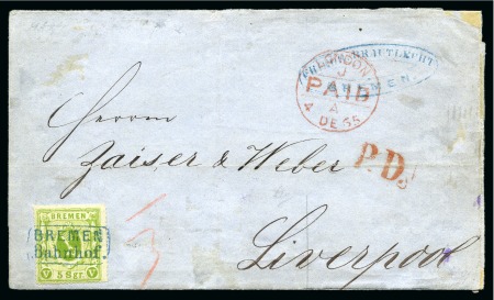 Stamp of German States » Bremen 1863 5Sgr Yellow-green tied by clear BREMEN/BAHNHOF
