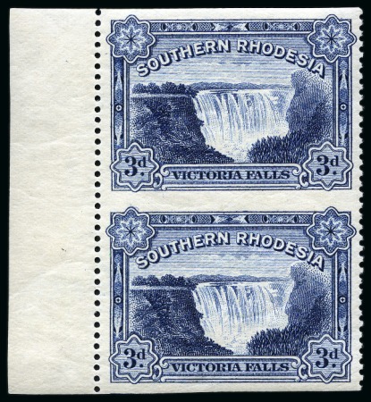 Stamp of Southern Rhodesia 1932 Victoria Falls 3d IMPERFORATE HORIZONTALLY in mint og left marginal vertical pair