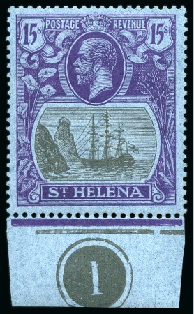 Stamp of St. Helena 1922-37 Wmk Script CA 15s grey & purple on blue mint lh lower marginal with plate number