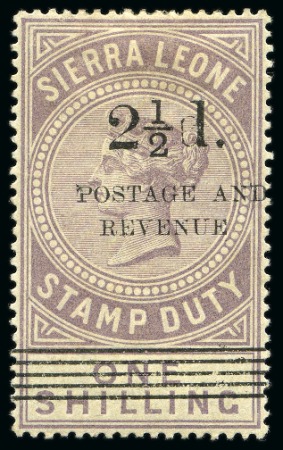 Stamp of Sierra Leone 1897 2 1/2d on 1s type 10 surcharge from R2/5 of the setting, mint large part og