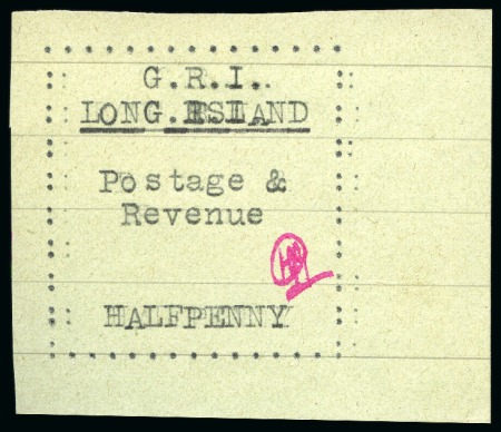 Stamp of Long Island 1916 1/2d Black on pale green paper with horizontal grey lines showing variety "G.R.I." DOUBLE