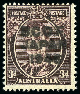 Stamp of Australia » Australian Troops in Japan 1946-48 3d Purple-Brown with ERROR DOUBLE OVERPRINT, mint nh