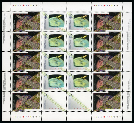 Stamp of Canada 1992 Canadian Space Programme 42c complete pane of 20 with two stamps showing ERROR HOLOGRAMS OMITTED