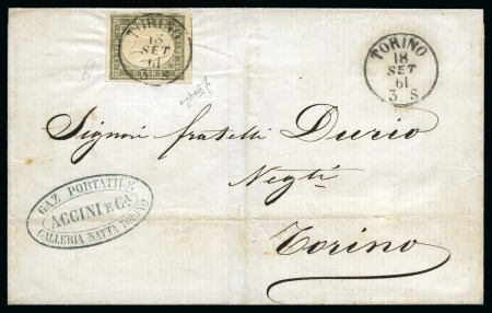 Stamp of Italian States » Sardinia 1855-62 10c Dark olive-grey (1861 issue) tied by TORINO