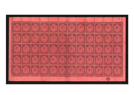 Stamp of Leeward Islands SOLD BY PT  1938-51 £1 Purple & Black on carmine mint nh complete sheet of 60 with R.5/12 showing broken lower right scroll and R.2/5 showing gash in chin varieties