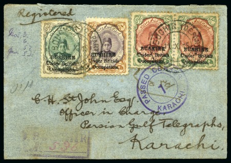 Stamp of Persia » Bushire (British Occupation) 1915 Small neat registered envelope to Karachi, franked