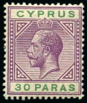 Stamp of Cyprus 1904-40 2pi with broken top left triangle mint og, and 1912-15 30pa with broken bottom left triangle variety mint