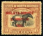 Stamp of North Borneo 1922 Malaya-Borneo Exhibition pair of varieties:  1c with variety raised stop after "1922" and 1c with variety "BORHEO"