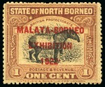 Stamp of North Borneo 1922 Malaya-Borneo Exhibition pair of varieties:  1c with variety raised stop after "1922" and 1c with variety "BORHEO"